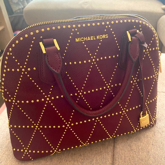 Michael Kors Adele Large Dome Satchel Purse Gold Studded Tote - Picture 1 of 3